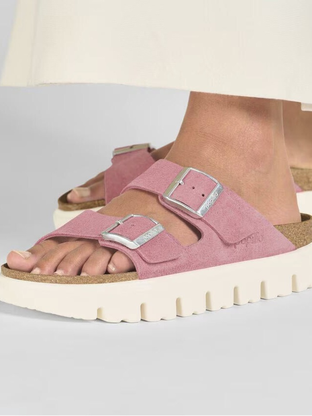 Papillio Rose Pink Suede Double Buckle Lug Sandals